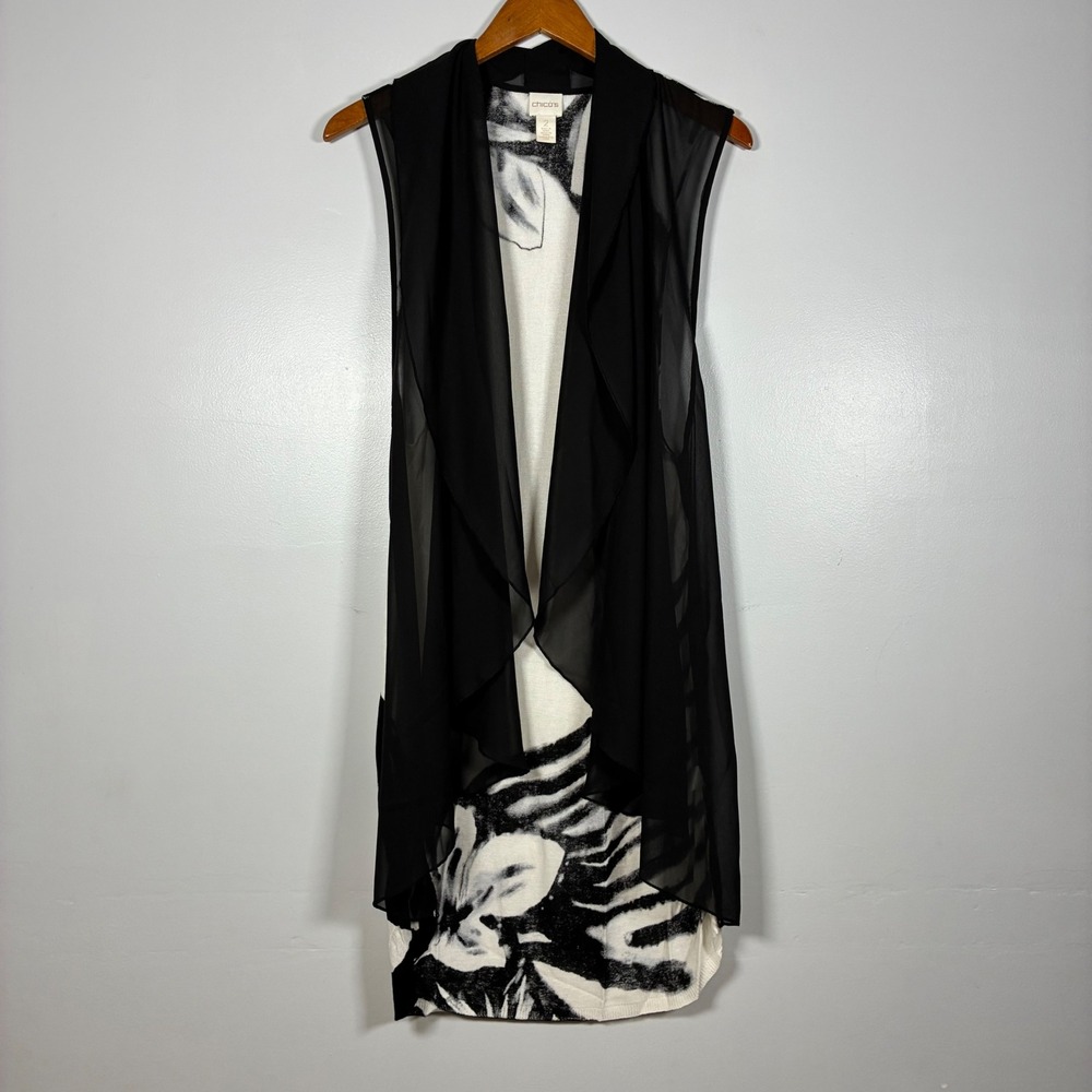 Chico's Vest 2 Floral Open Front Chiffon Layered Longline Chic Art to Wear Drape